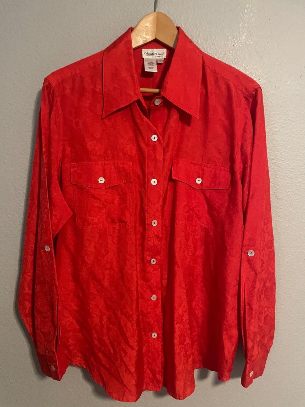Coldwater Creek Womens Top Size 1X Red Silk Blend Floral Jacquard Lagenlook